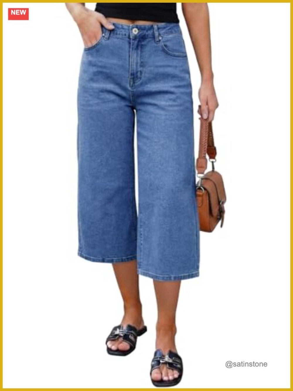 SHEWIN High Waisted Capri Wide Leg Jeans Stretchy Denim